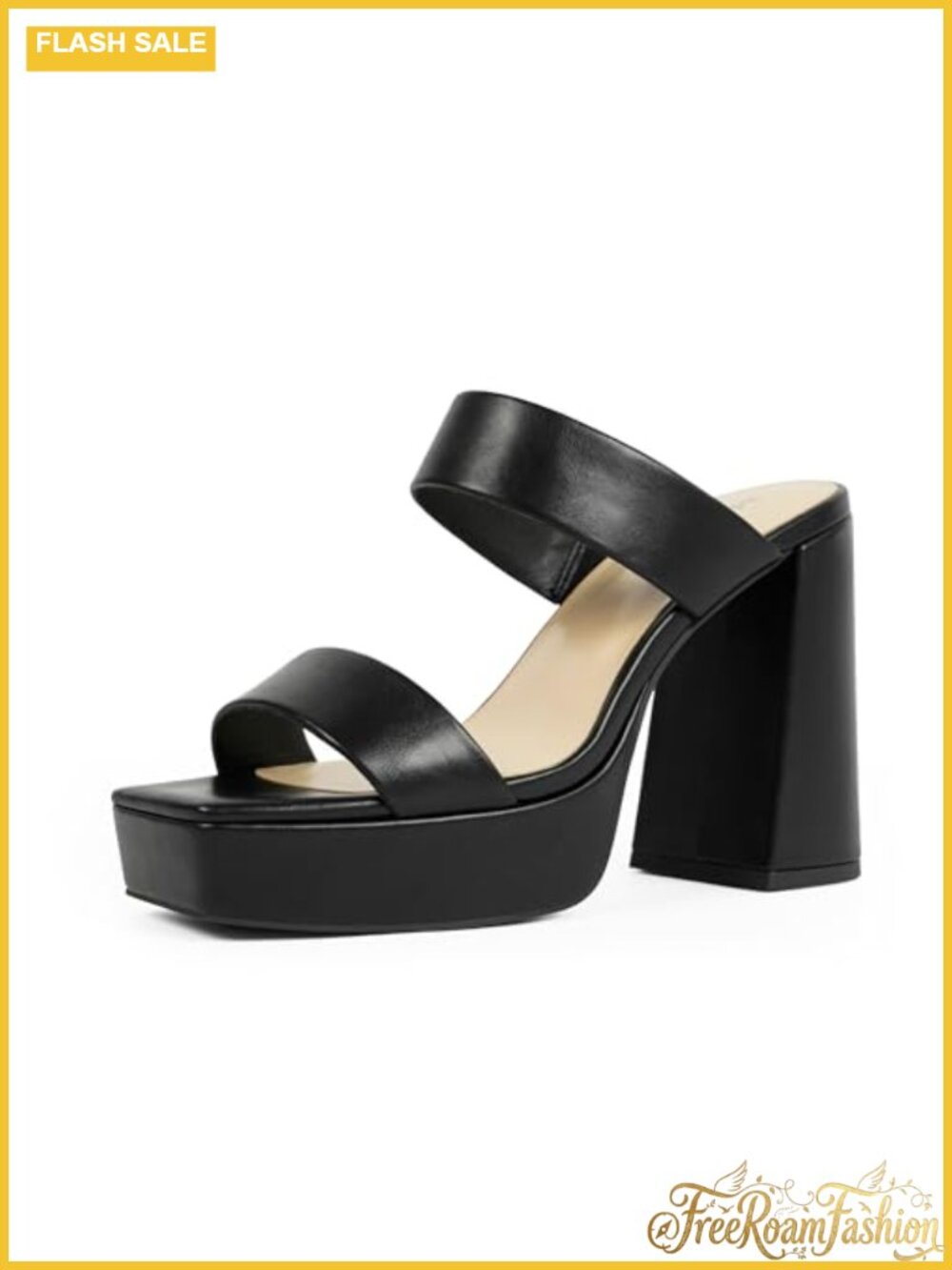 Platform Heels for Women with Faux Leather, Square Open Toe, Chunky Block Heel,
